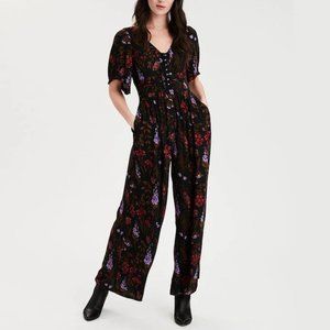 American Eagle Dark Floral Print Black Short Sleeve Cottagecore Smocked Jumpsuit